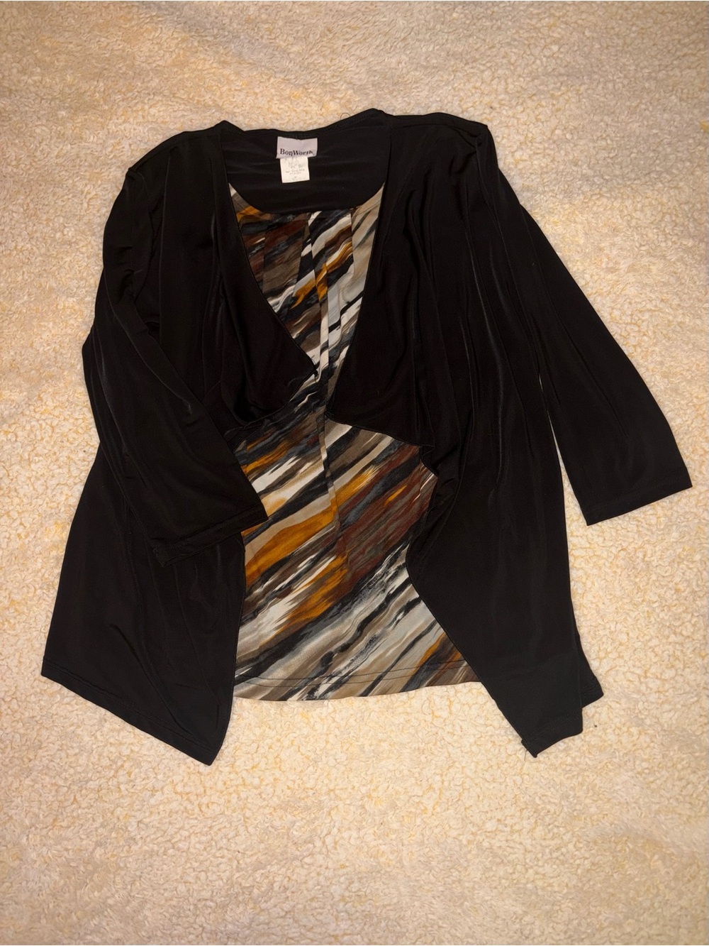 BonWorth Women's Medium 2-Piece Layered Blouse Black Open Front Cardigan Career